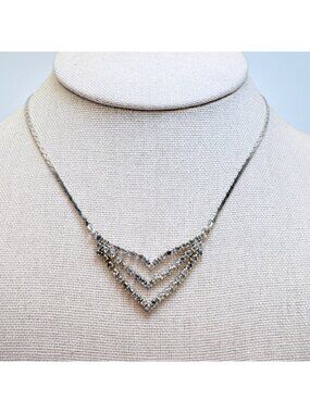 Rhinestone Crystal Formal Design VTG Silvertone Necklace 16" Length